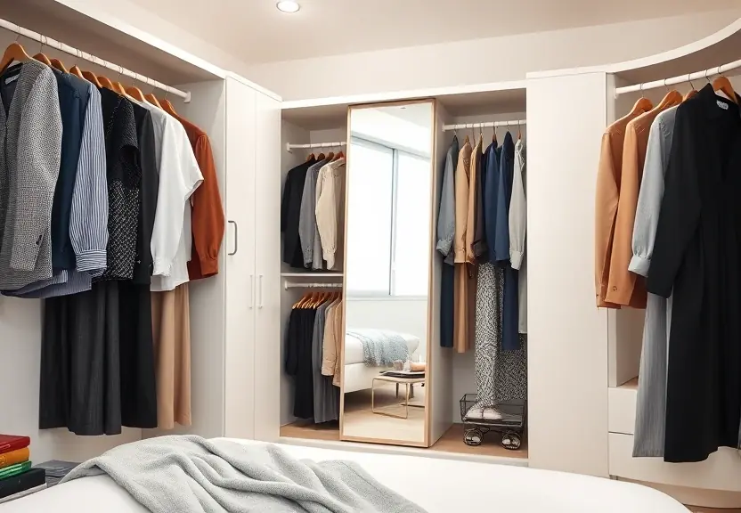 Guarda-roupa aberto com peças penduradas e um espelho de corpo inteiro