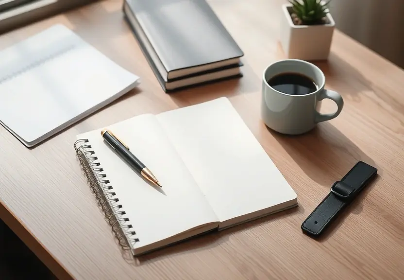Mesa arrumada com caderno fechado, caneta e uma xícara de café