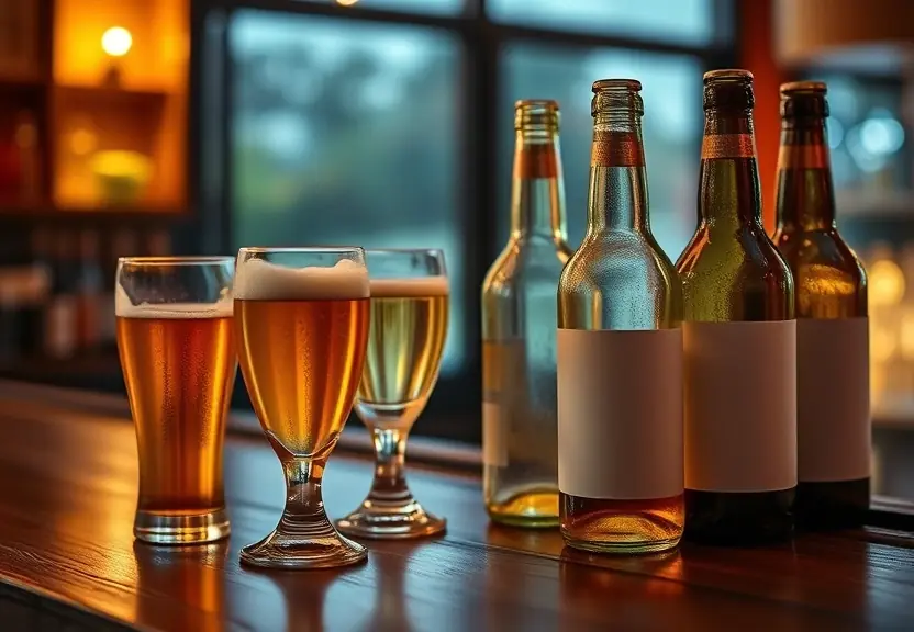 Copos gelados e garrafas sobre o balcão de madeira de um bar