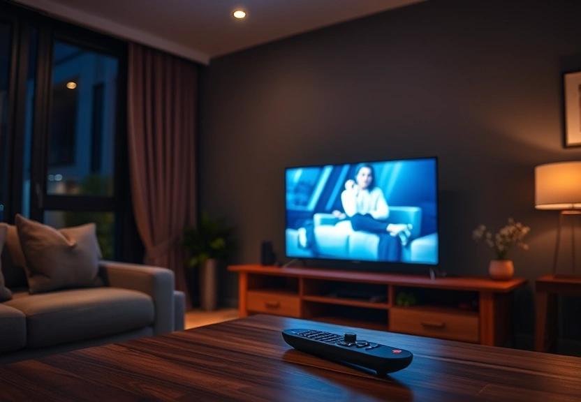 Televisão da sala ligada à noite, com o controle remoto sobre a mesa