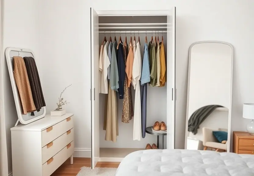 Guarda-roupa aberto com peças penduradas e um espelho de corpo inteiro