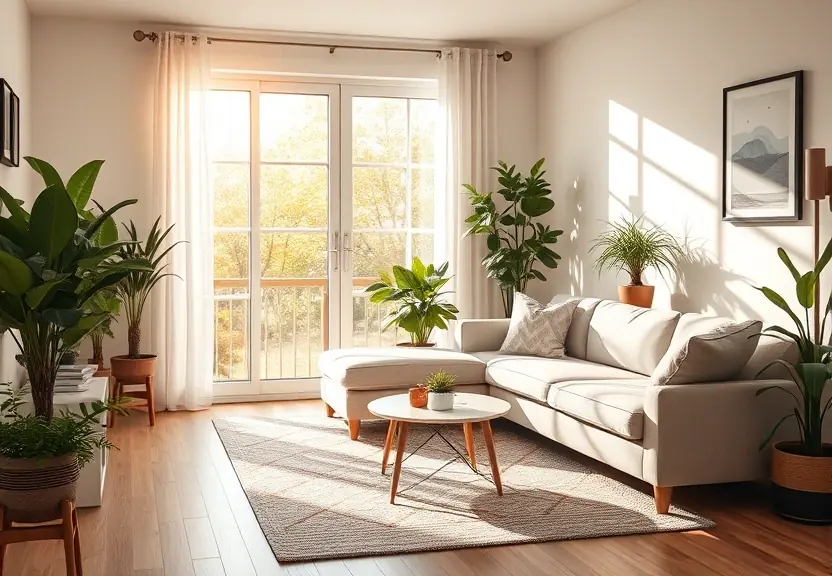 Sala clara com sofá e plantas, sob a luz da tarde vinda da janela
