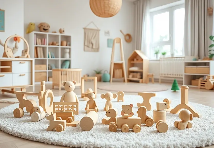 Brinquedos de madeira sobre um tapete macio, num quarto de bebê claro
