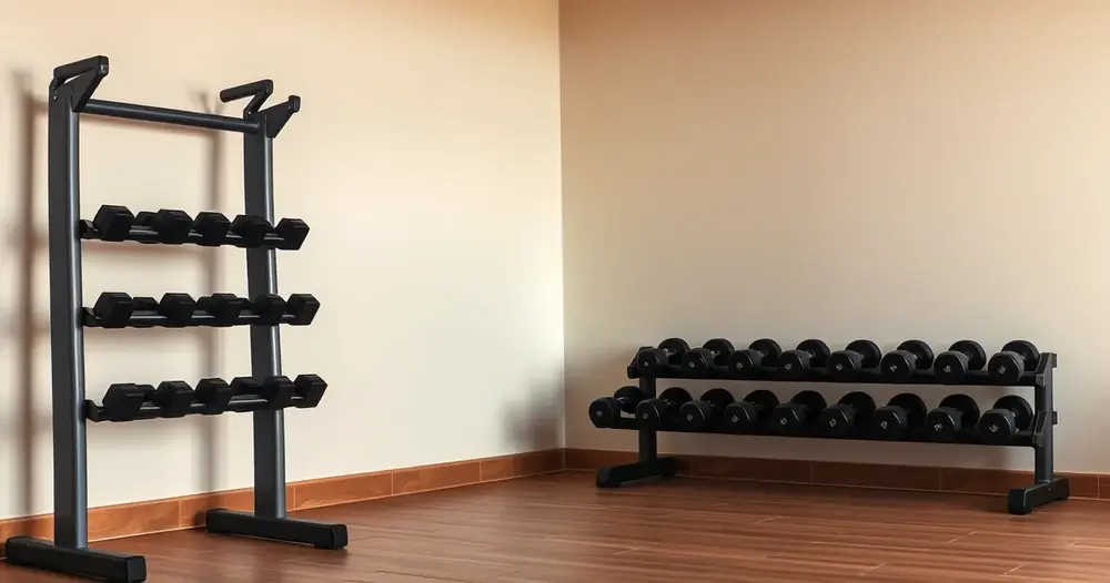 Canto de academia vazio com suporte de halteres e espaço livre no piso