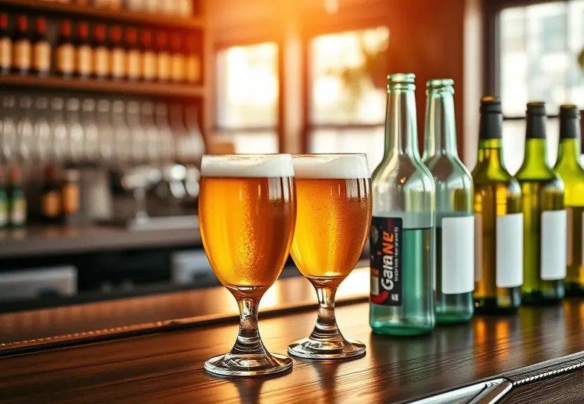 Copos gelados e garrafas sobre o balcão de madeira de um bar