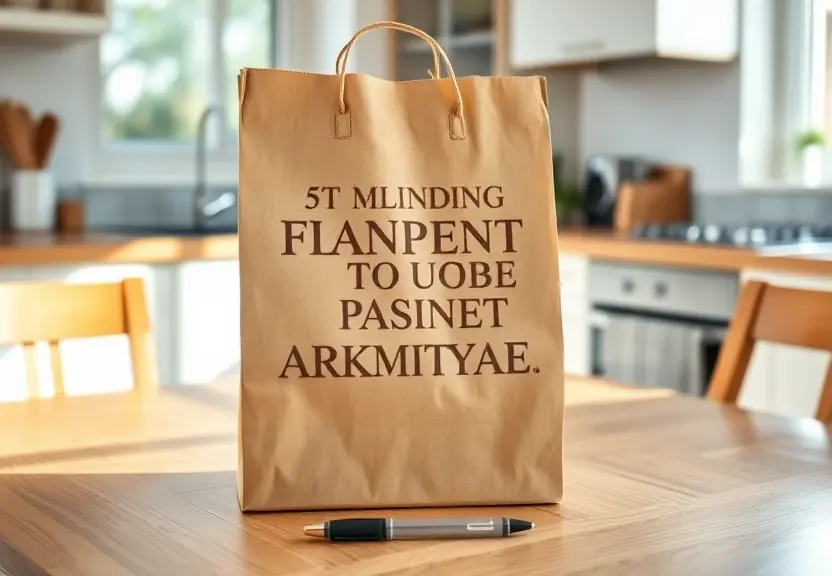Sacola de papel e uma caneta sobre a mesa da cozinha