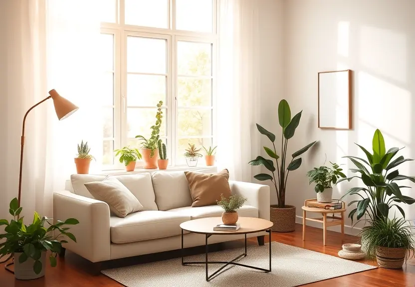 Sala clara com sofá e plantas, sob a luz da tarde vinda da janela