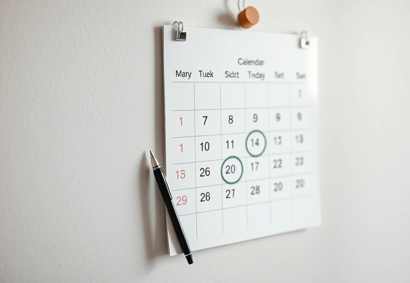Calendário de parede com alguns dias circulados e uma caneta ao lado