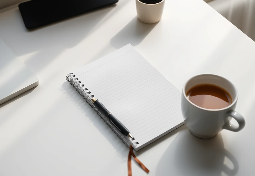 Mesa arrumada com caderno fechado, caneta e uma xícara de café