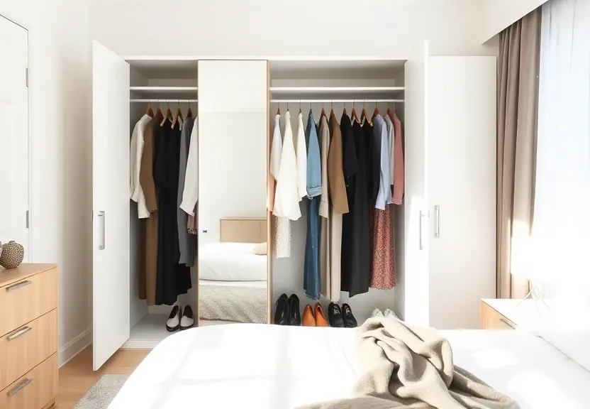 Guarda-roupa aberto com peças penduradas e um espelho de corpo inteiro