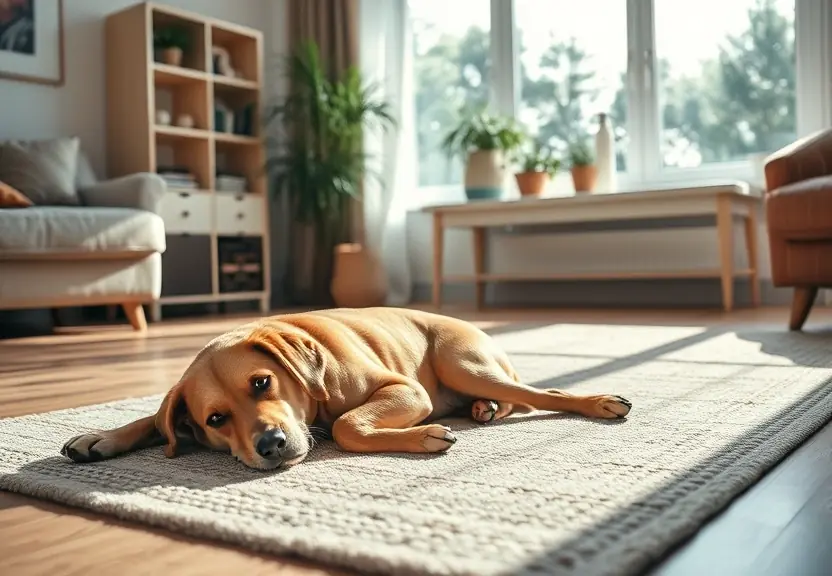 Cachorro deitado num tapete, numa sala iluminada pelo sol