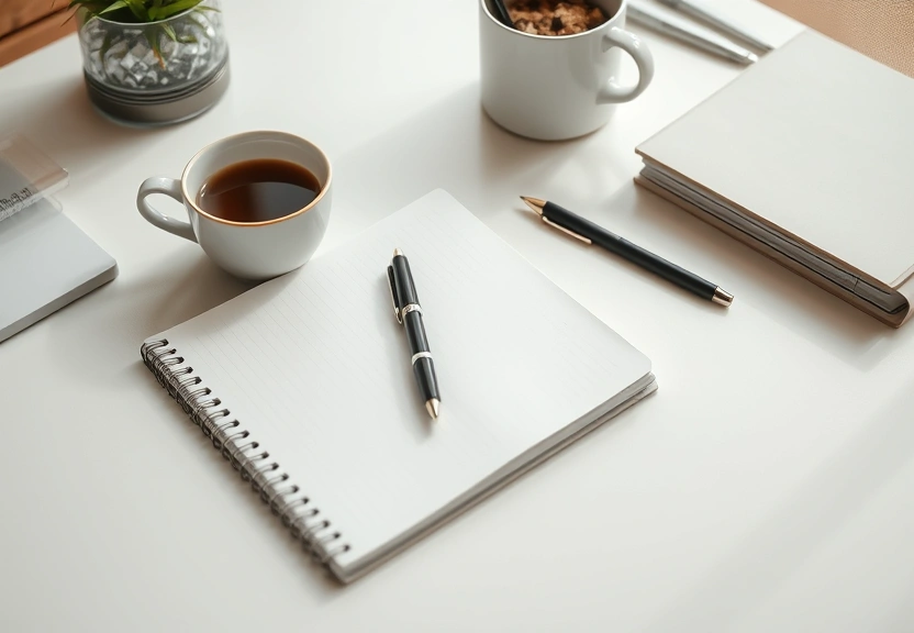 Mesa organizada com caderno, caneta e uma xícara de café