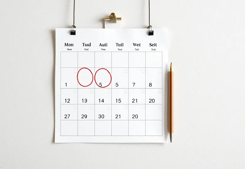 Calendário de parede com alguns dias circulados e uma caneta ao lado