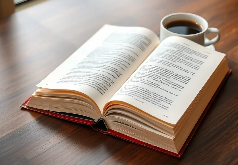 Livro aberto sobre a mesa, ao lado de uma xícara de café
