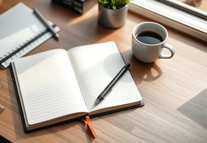 Mesa arrumada com caderno fechado, caneta e uma xícara de café