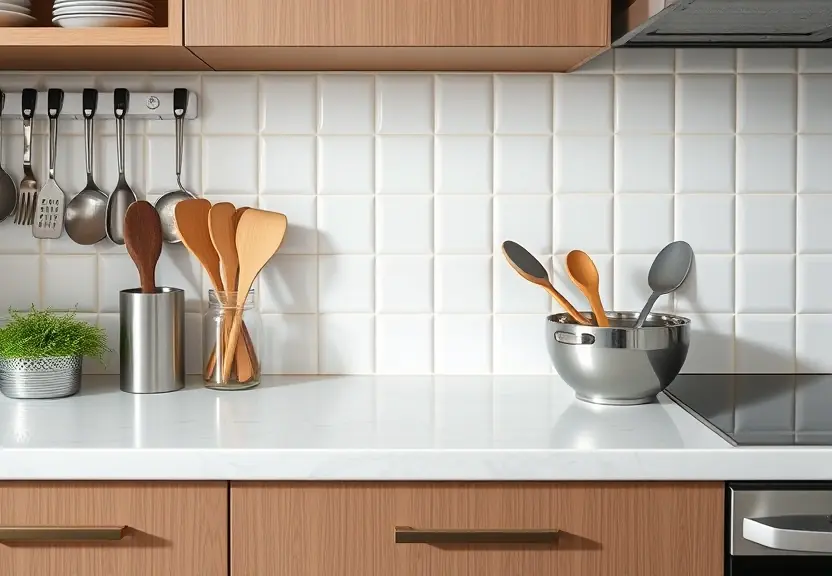 Bancada de cozinha com utensílios e uma tigela, clara e limpa