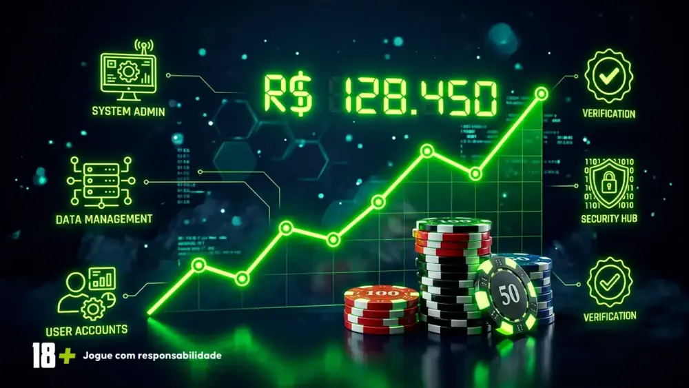 Arte com gráfico de linha ascendente e fichas de pôquer sobre fundo escuro