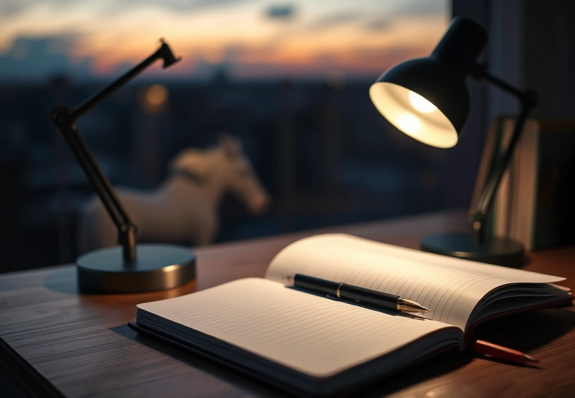 Luminária de mesa acesa sobre um caderno fechado, ao anoitecer