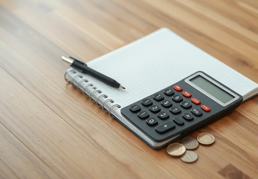 Caderno fechado, calculadora e moedas sobre a mesa de madeira