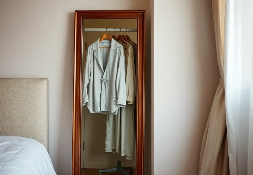 Espelho refletindo o canto do quarto, com uma roupa pendurada