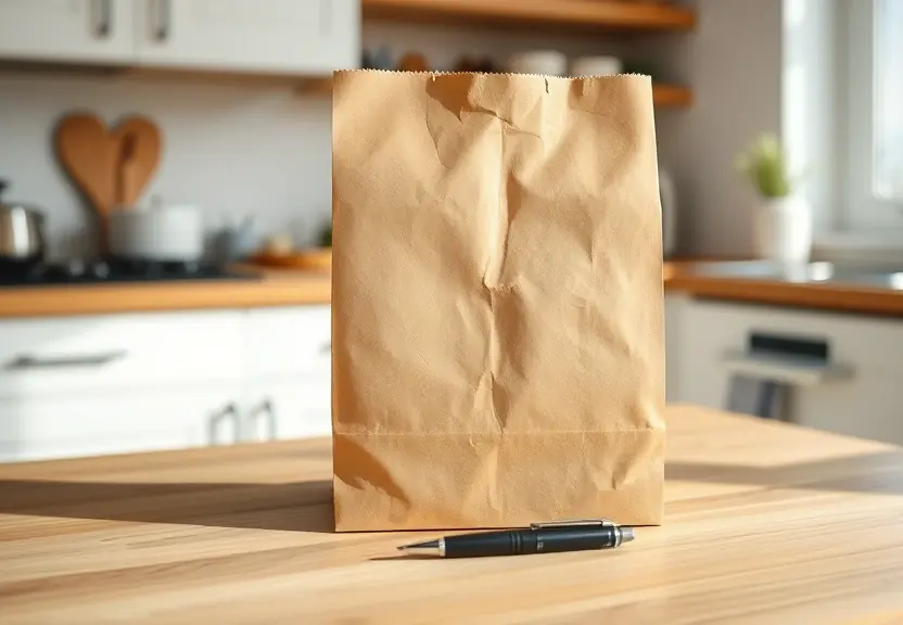 Sacola de papel e uma caneta sobre a mesa da cozinha