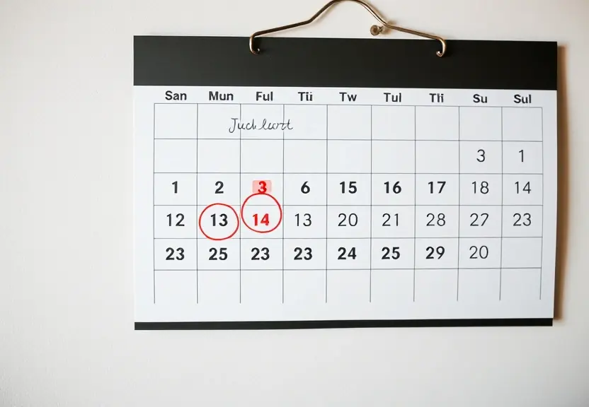 Calendário de parede com alguns dias circulados e uma caneta ao lado