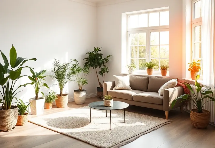 Sala clara com sofá e plantas, sob a luz da tarde vinda da janela