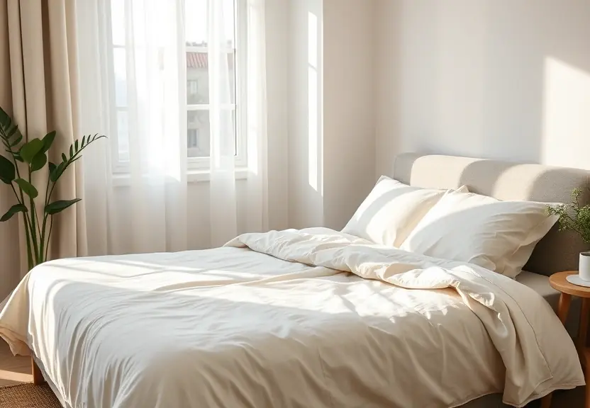 Cama arrumada com roupa de cama neutra, sob a luz da manhã