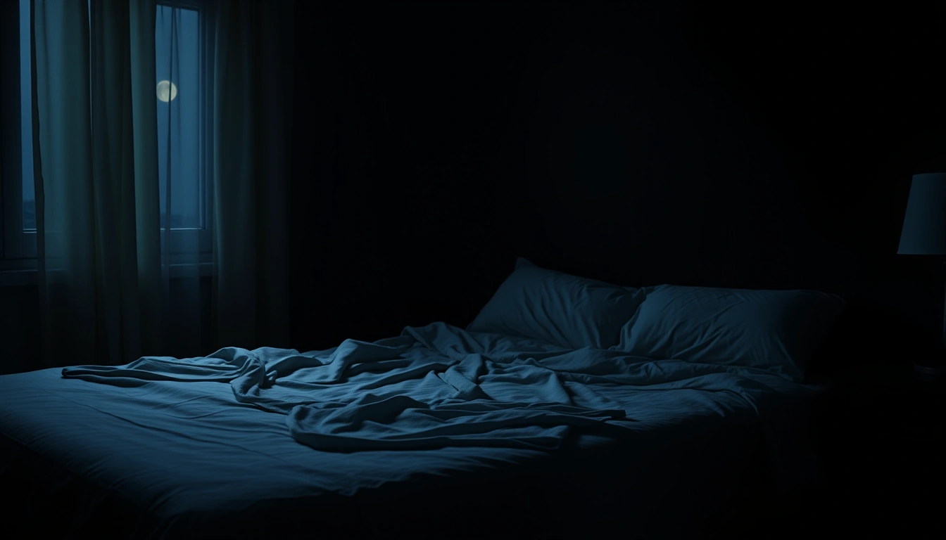 Cama desarrumada em quarto escuro com luz da lua pela janela