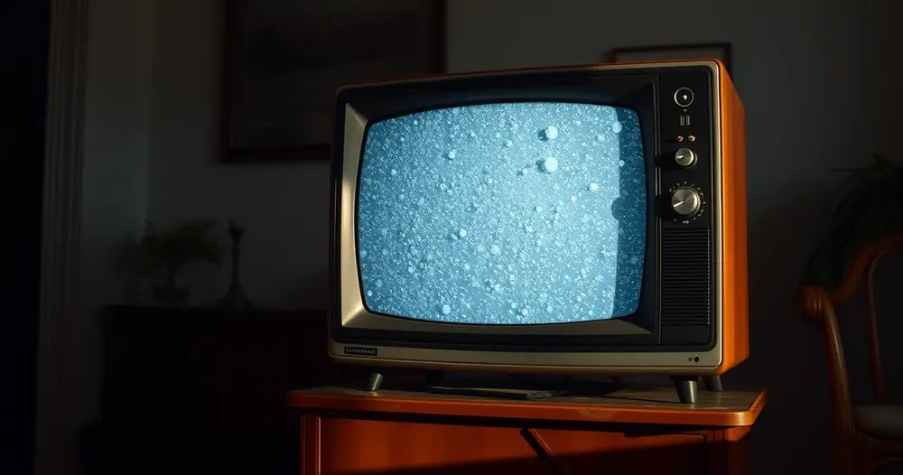 Televisão antiga sobre móvel de madeira com chuvisco cinza na tela