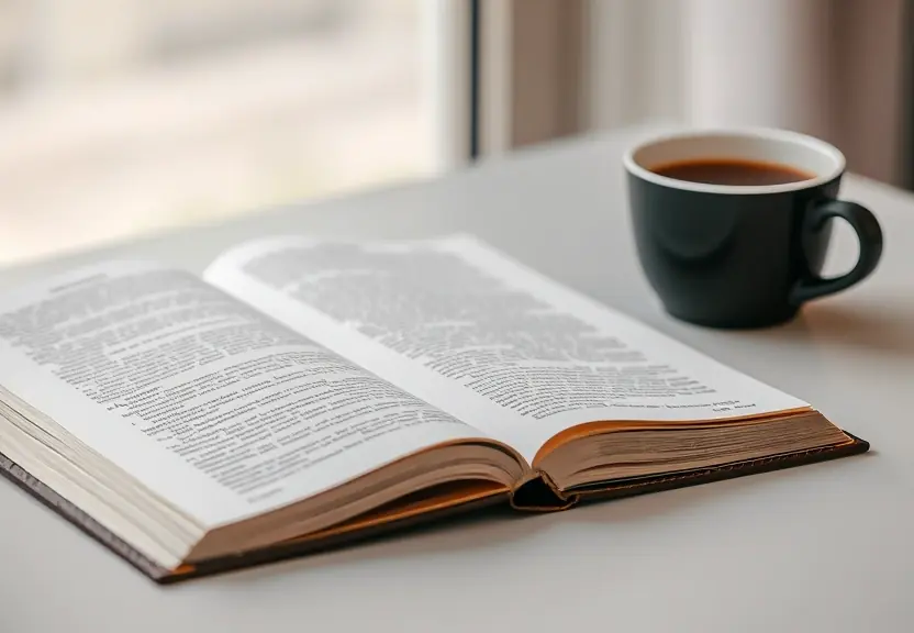Livro aberto sobre a mesa, ao lado de uma xícara de café