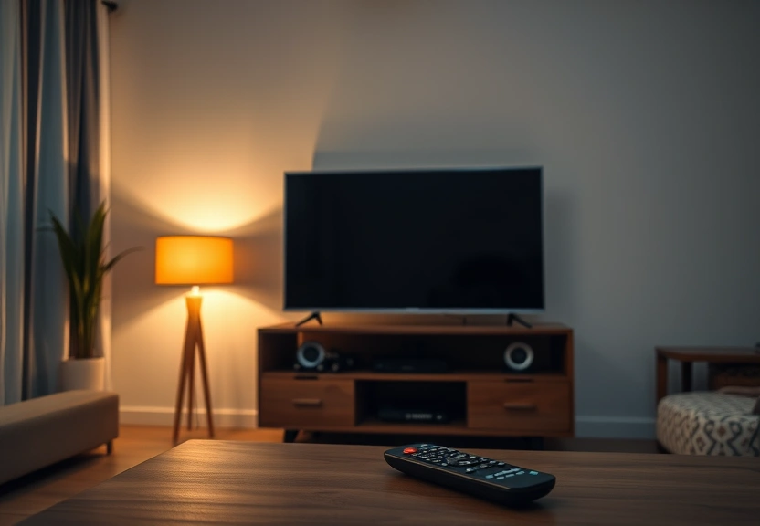 Televisão da sala ligada à noite, com o controle remoto sobre a mesa