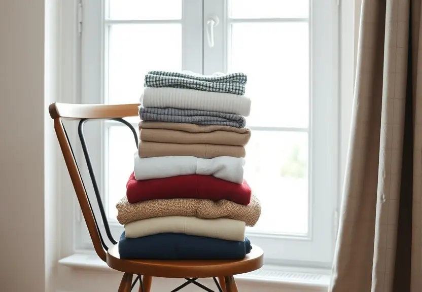 Roupas dobradas empilhadas numa cadeira, junto à janela