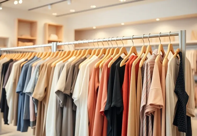 Arara de roupas numa loja clara, em tons neutros