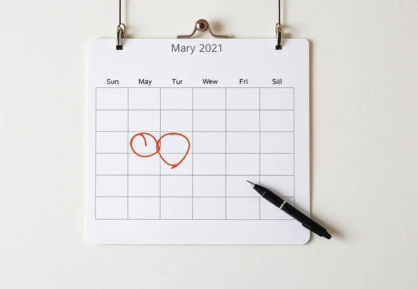 Calendário de parede com alguns dias circulados e uma caneta ao lado