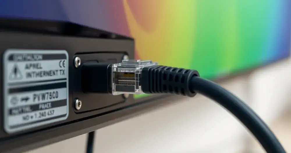 cabo de rede conectado ao painel traseiro de uma televisão