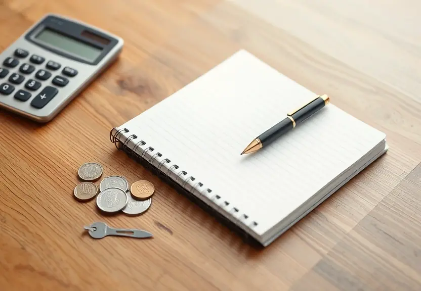Caderno fechado, calculadora e moedas sobre a mesa de madeira