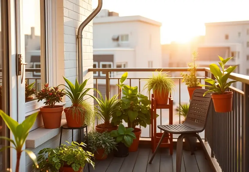 Varanda pequena com plantas e uma cadeira, ao sol da tarde