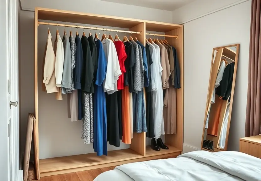 Guarda-roupa aberto com peças penduradas e um espelho de corpo inteiro