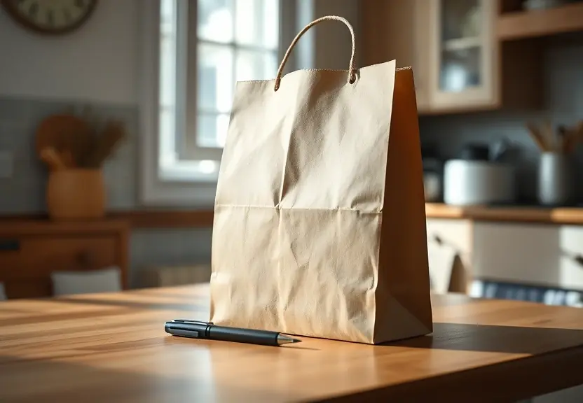 Sacola de papel e uma caneta sobre a mesa da cozinha