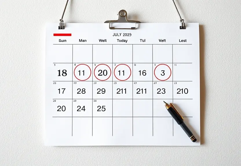 Calendário de parede com alguns dias circulados e uma caneta ao lado