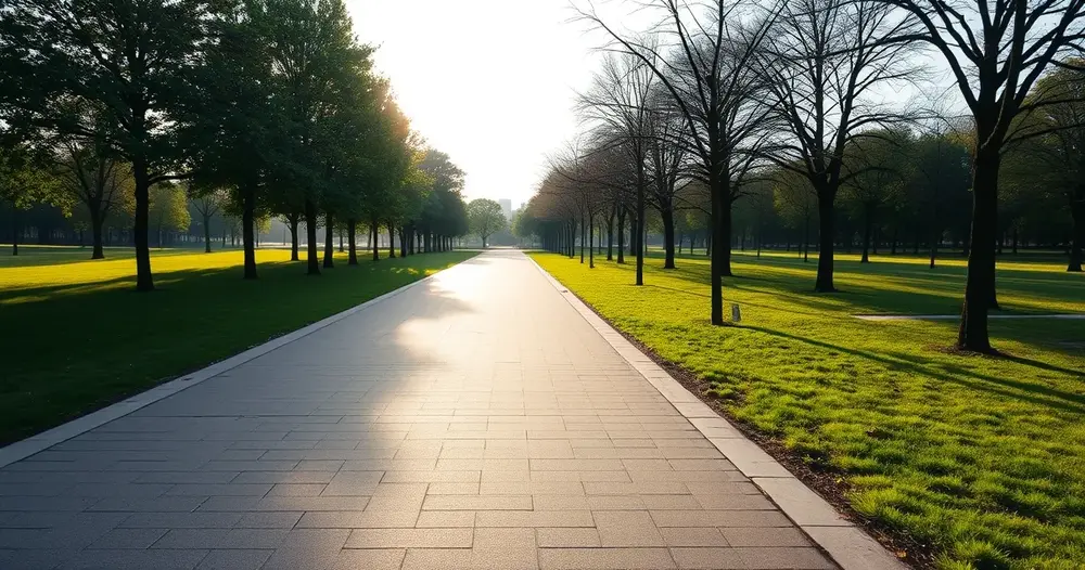 Caminho pavimentado vazio atravessando um parque arborizado no início da manhã