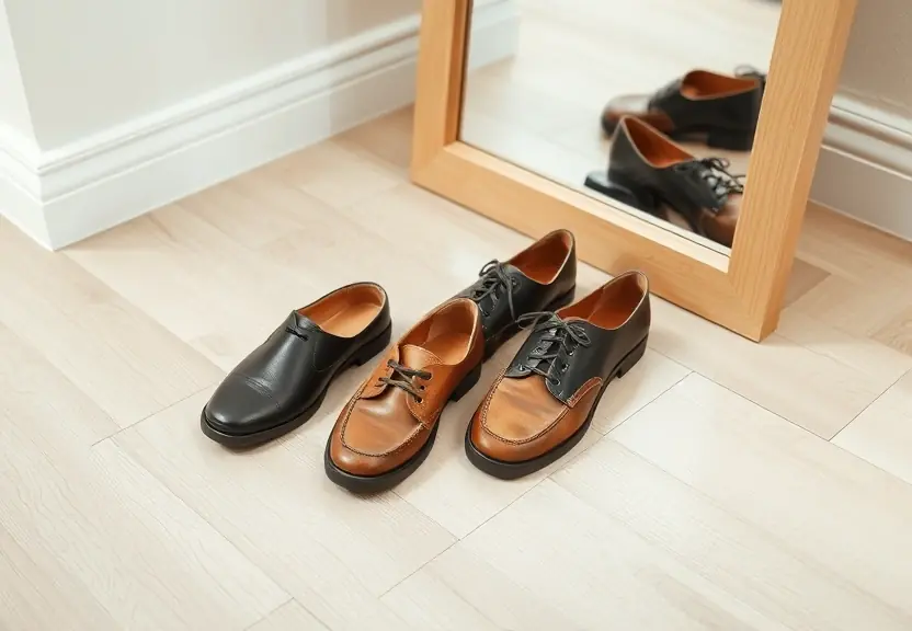 Par de sapatos disposto no chão de madeira clara, ao lado de um espelho