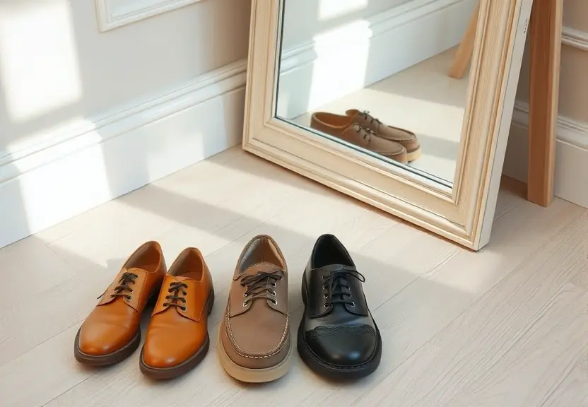 Par de sapatos disposto no chão de madeira clara, ao lado de um espelho