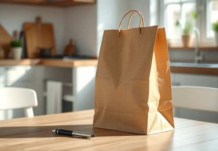 Sacola de papel e uma caneta sobre a mesa da cozinha