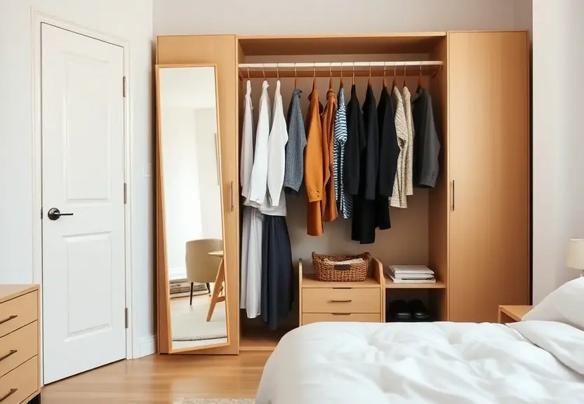 Guarda-roupa aberto com peças penduradas e um espelho de corpo inteiro