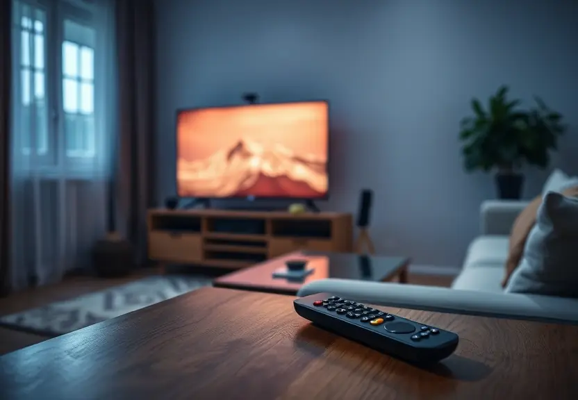 Televisão da sala ligada à noite, com o controle remoto sobre a mesa