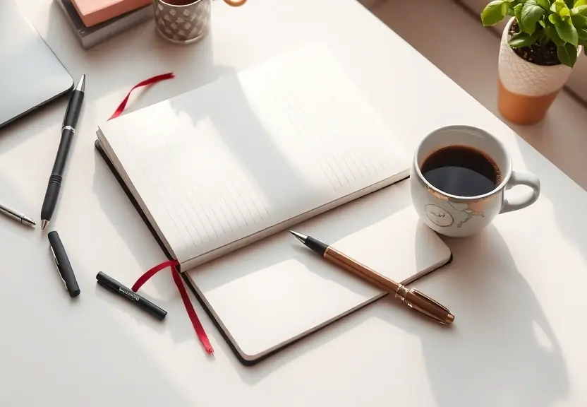 Mesa arrumada com caderno fechado, caneta e uma xícara de café