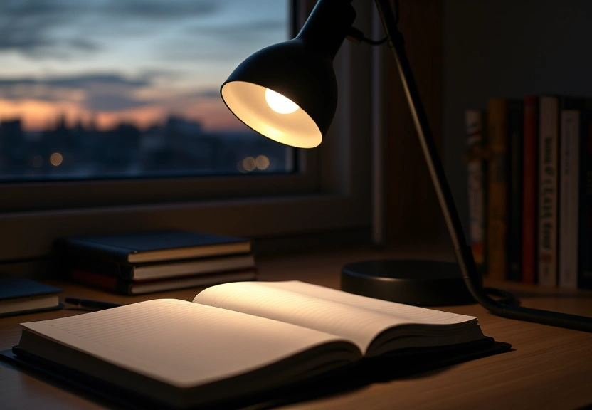 Luminária de mesa acesa sobre um caderno fechado, ao anoitecer
