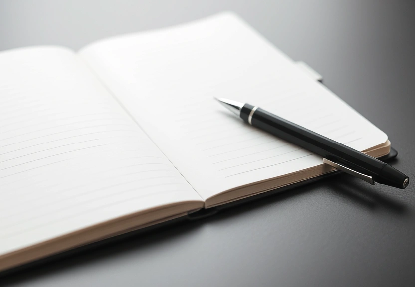 Caderno fechado e uma caneta sobre a mesa